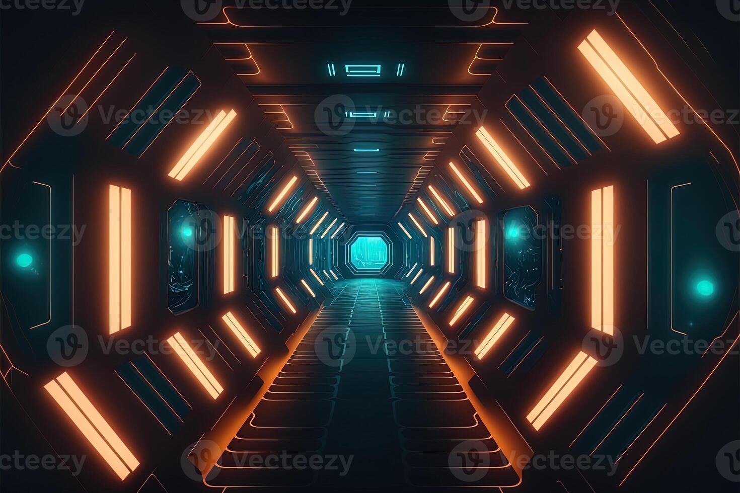 sci-fi cyber futuristische leeg generatief ai tunnel achtergrond Uitgang of doel vooruit. abstract cyber of digitaal speedway concept cyberpunk cyber synth tunnel gang foto