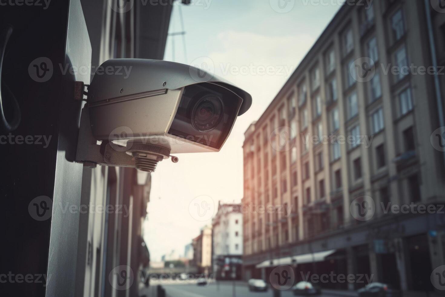 toezicht camera Bij stad straat. cctv toezicht houden systeem. generatief ai foto