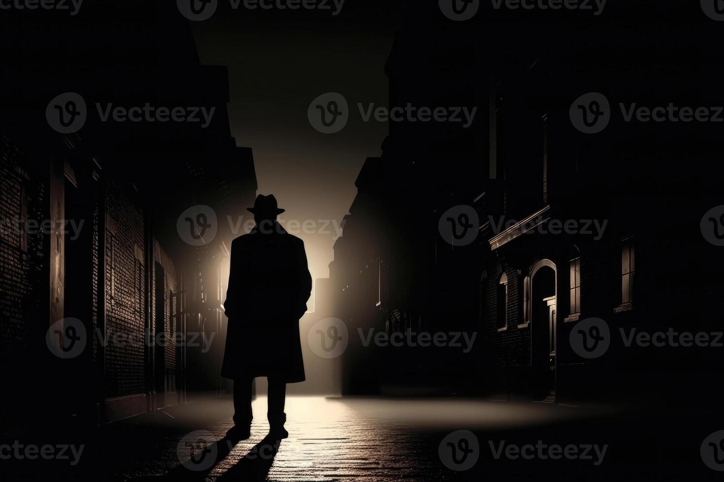 silhouet van Mens in oud fashioned hoed en jas Bij nacht straat. generatief ai foto