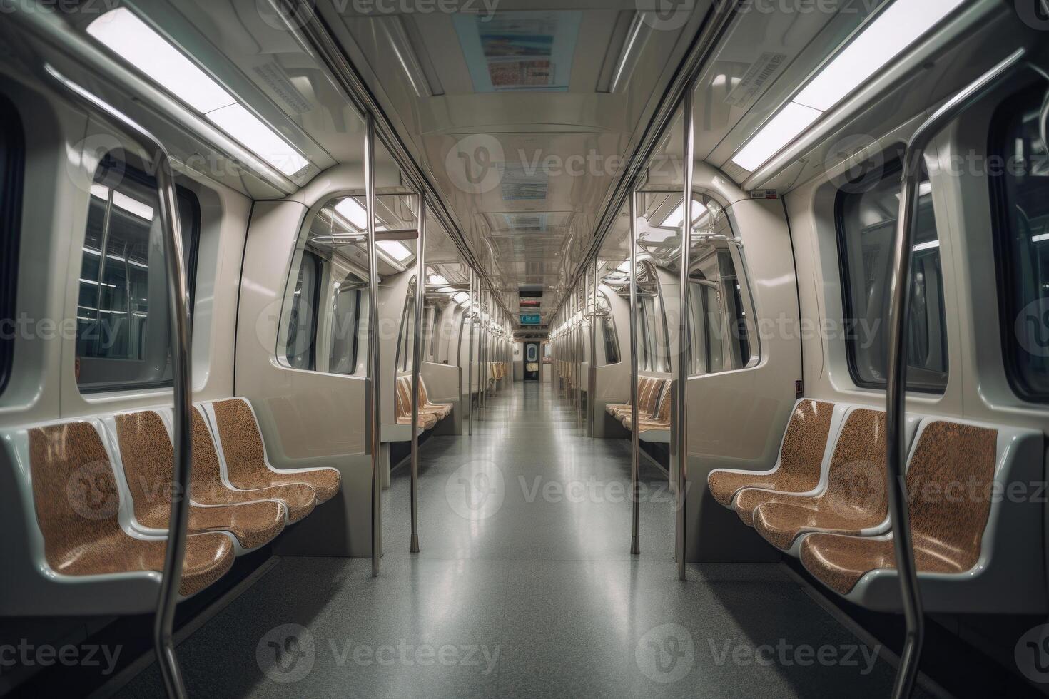 interieur van leeg metro trein wagen. openbaar vervoer. generatief ai foto