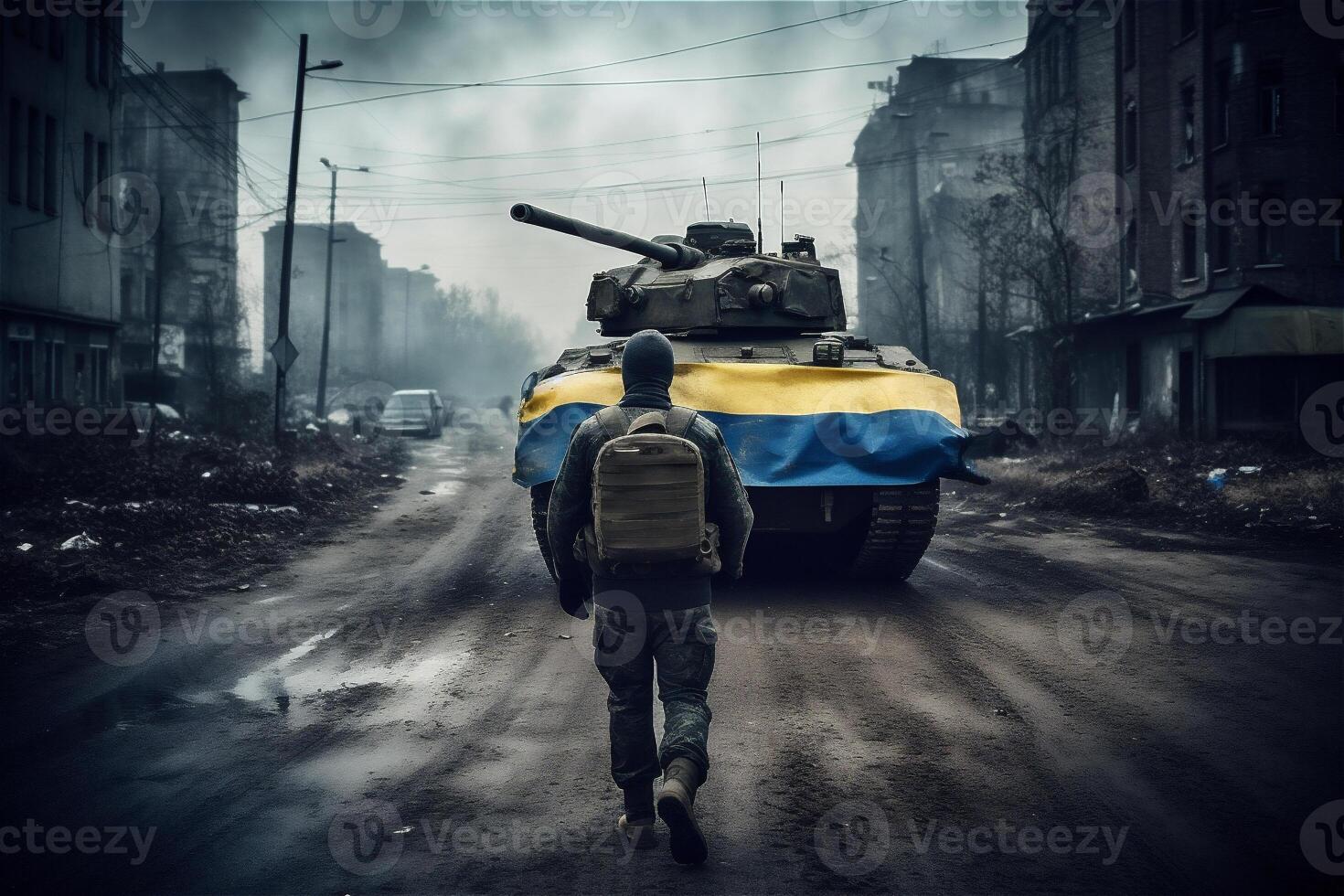 terug van soldaat tegen oekraïens vlag en tank in geruïneerd stad. oorlog in Oekraïne concept. generatief ai. foto