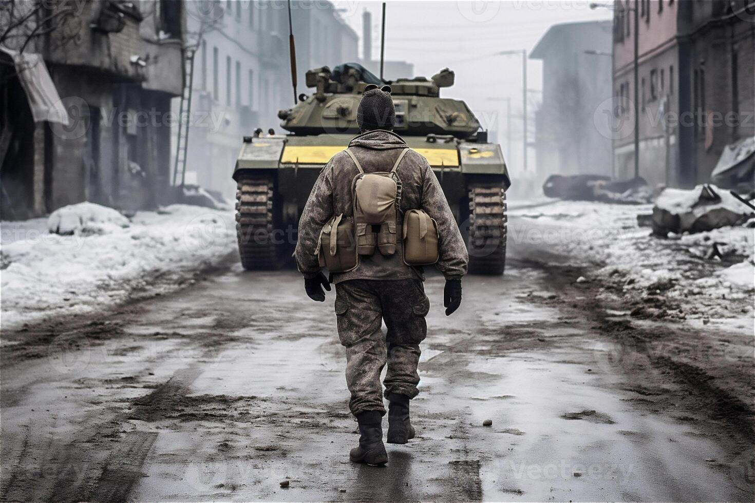 terug van soldaat tegen tank in ruïnes. speciaal krachten oorlog operatie. generatief ai. foto