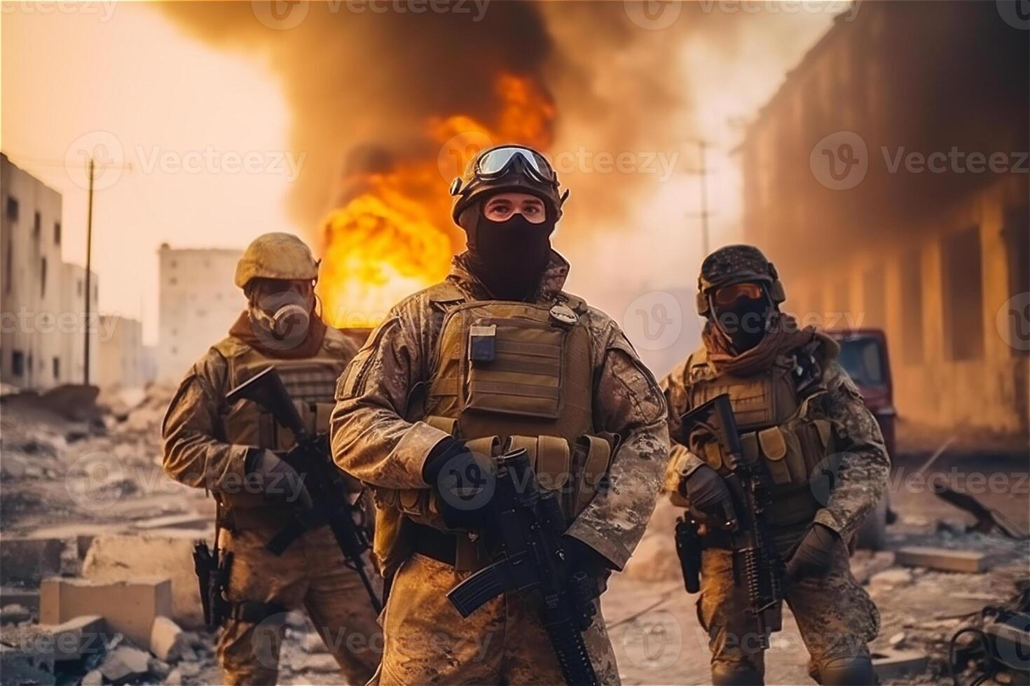 portret van drie leger Heren. een groep van soldaten Aan een achtergrond van brand in ruïneren stad. oorlog activiteiten, speciaal krachten. generatief ai. foto