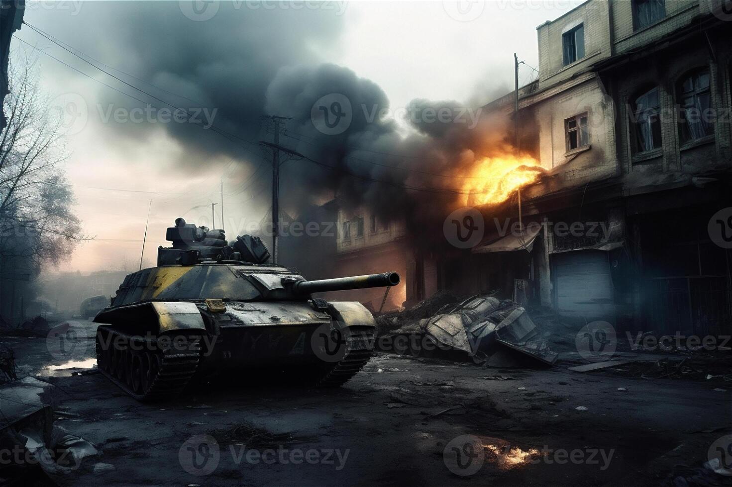 stad oorlog slagveld achtergrond met tank en brand vernietigd gebouwen. generatief ai. foto