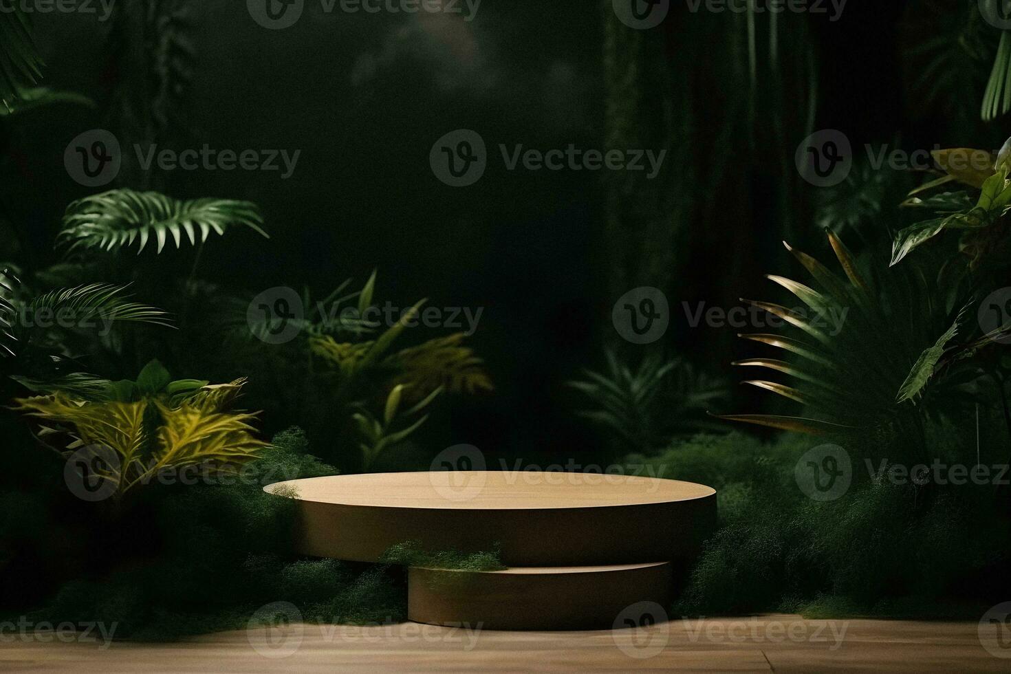 professioneel fotografie van een leeg ruimte mockup podium met een jungle-thema natuur achtergrond voor een verbijsterend zichtbaar gevolg foto