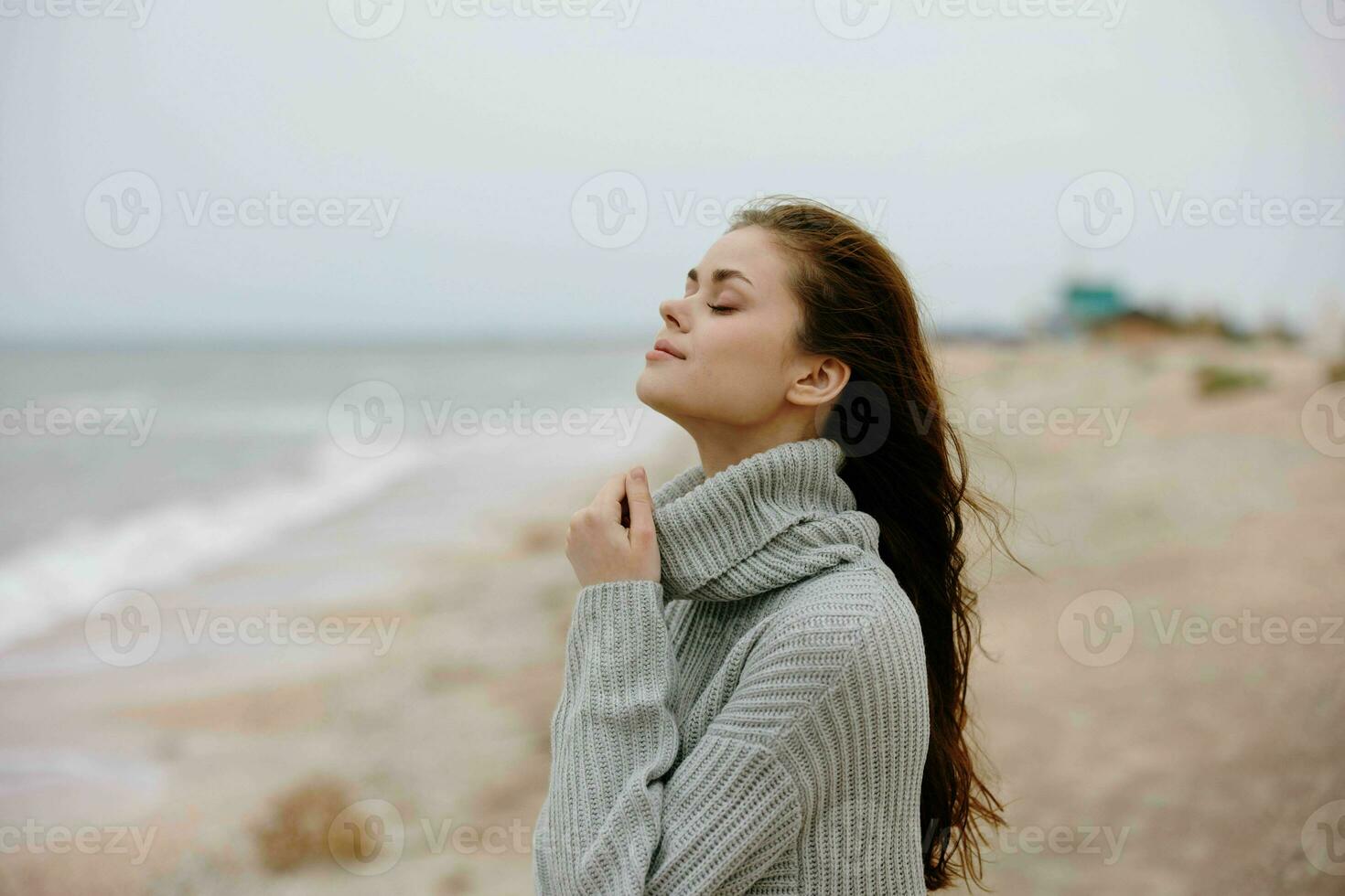 portret van een vrouw rood haar- in een trui door de oceaan ongewijzigd foto