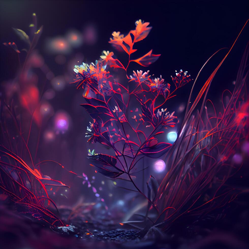 fantasie bloemen achtergrond met bloemen en bokeh lichten. 3d illustratie., ai generatief beeld foto