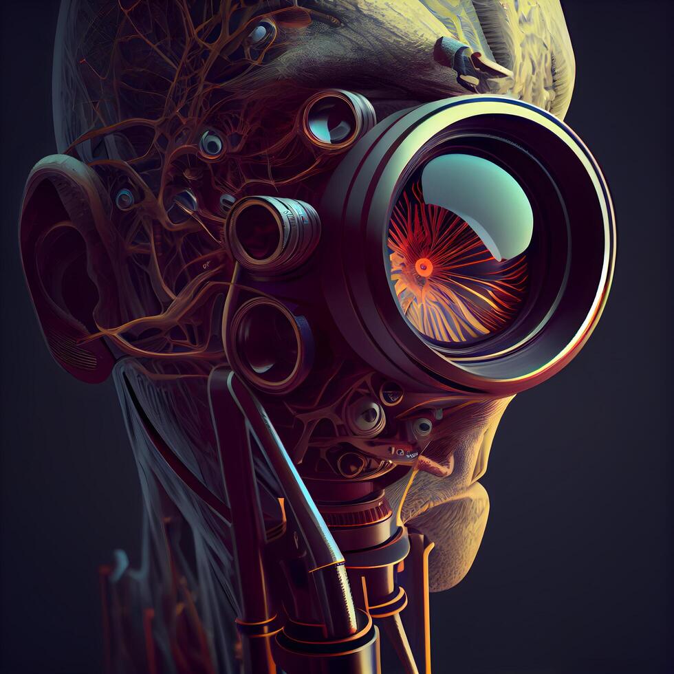 3d illustratie van een menselijk oog met een zuurstof masker en een brein, ai generatief beeld foto