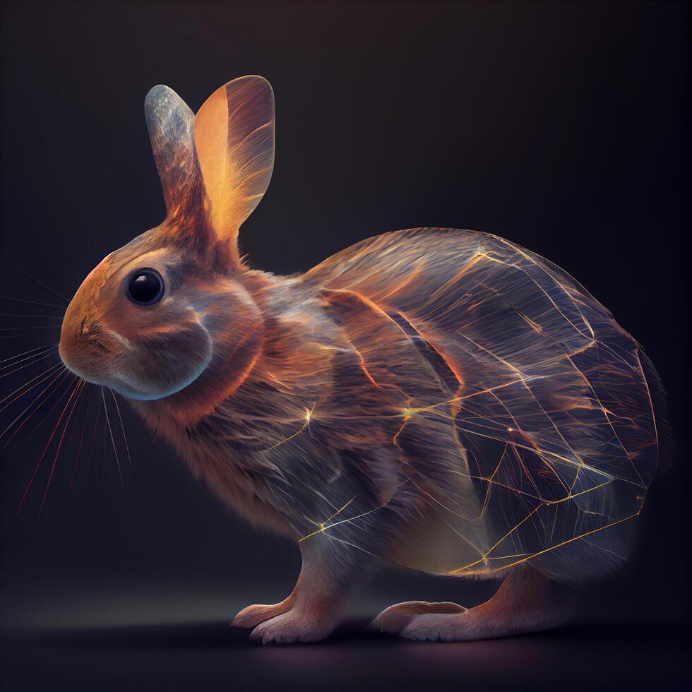 konijn met veelhoekige maas Aan een zwart achtergrond. 3d weergave, ai generatief beeld foto