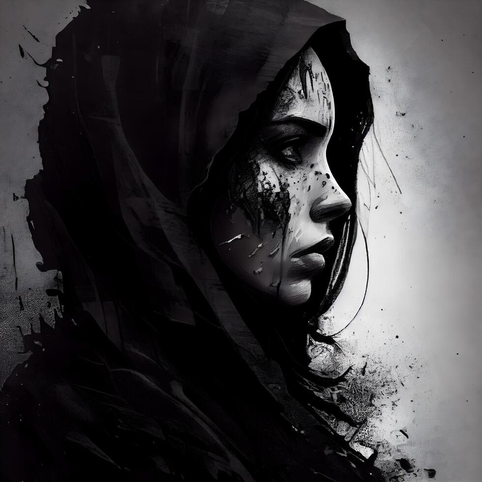 portret van een meisje in een zwart jas met een kap., ai generatief beeld foto