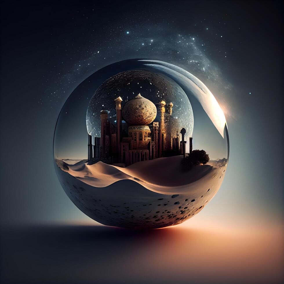 fantasie landschap in een kristal bal, 3d illustratie, horizontaal, ai generatief beeld foto