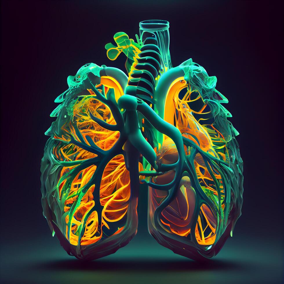menselijk longen anatomie Aan donker achtergrond. 3d illustratie. medisch concept., ai generatief beeld foto