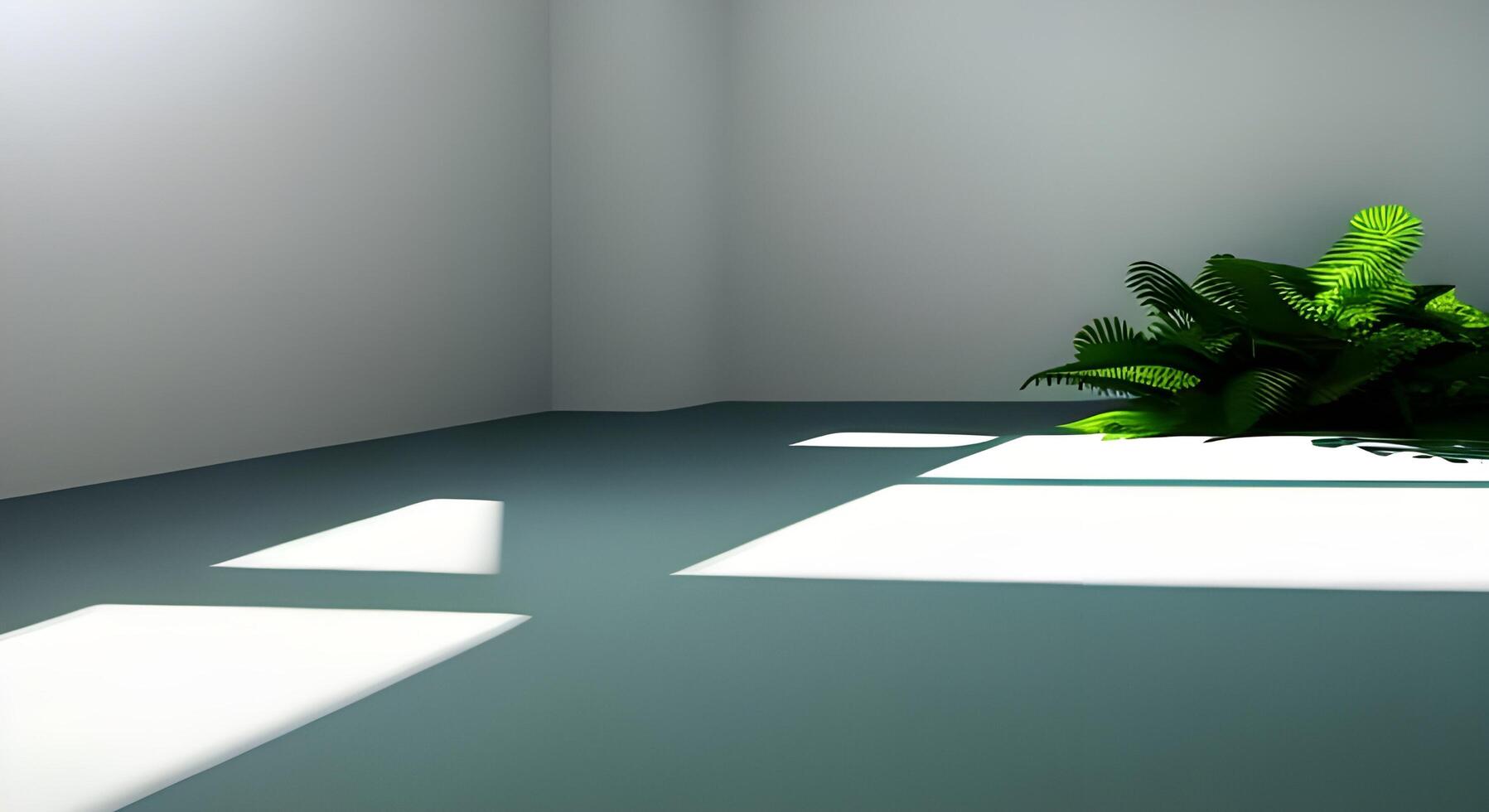 wit 3d geven kamer met natuurlijk groen zonlicht en bladeren schaduw. vloer, ruimte, schaduw ai gegenereerd inhoud foto