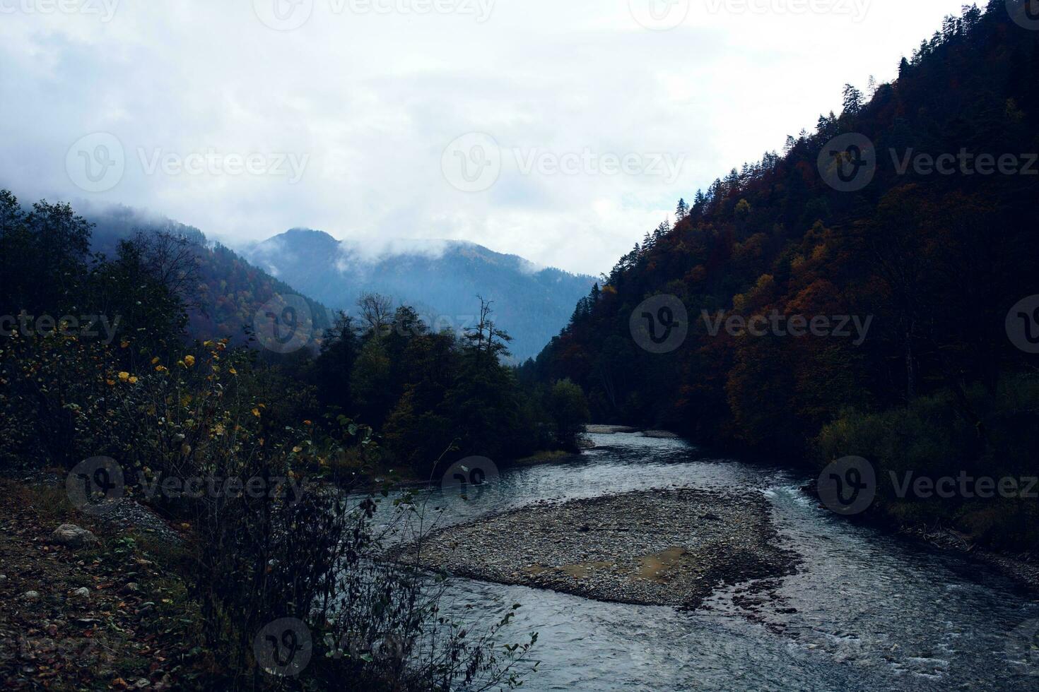 Woud bergen herfst rivier- reizen natuur landschap foto
