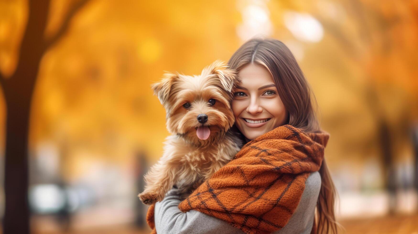 herfst meisje met hond. illustratie ai generatief foto