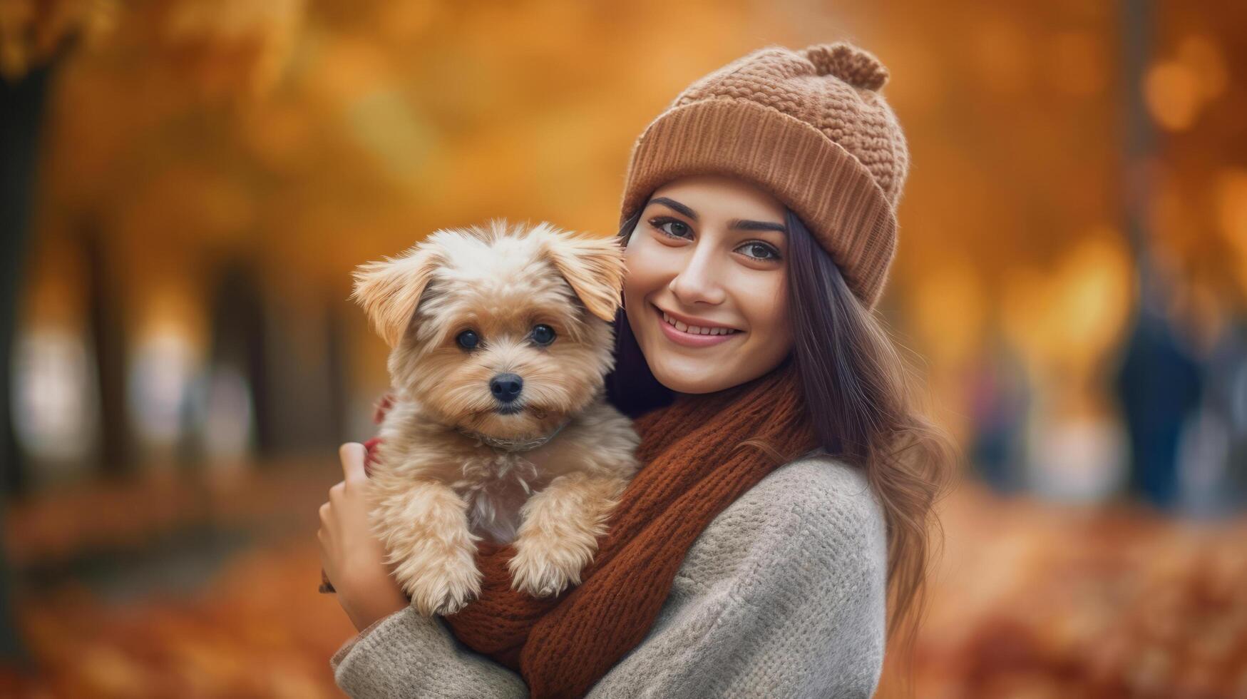 herfst meisje met hond. illustratie ai generatief foto