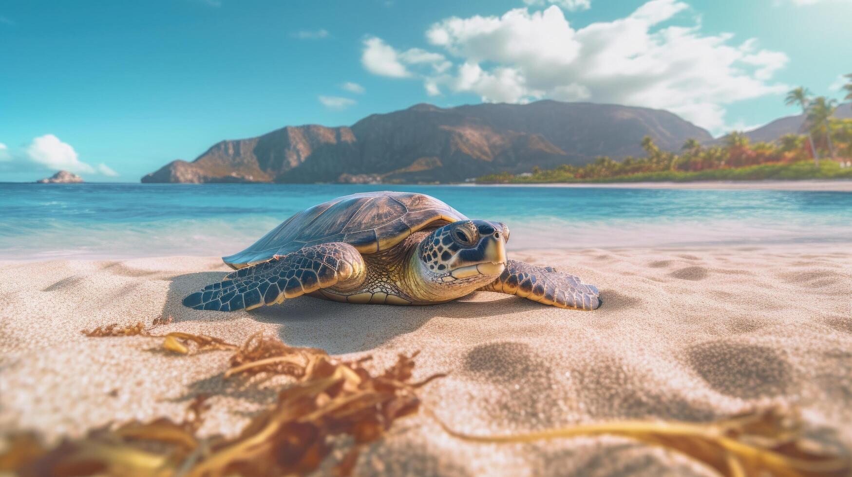 zee schildpad kruipen Aan de zanderig strand. illustratie ai generatief foto