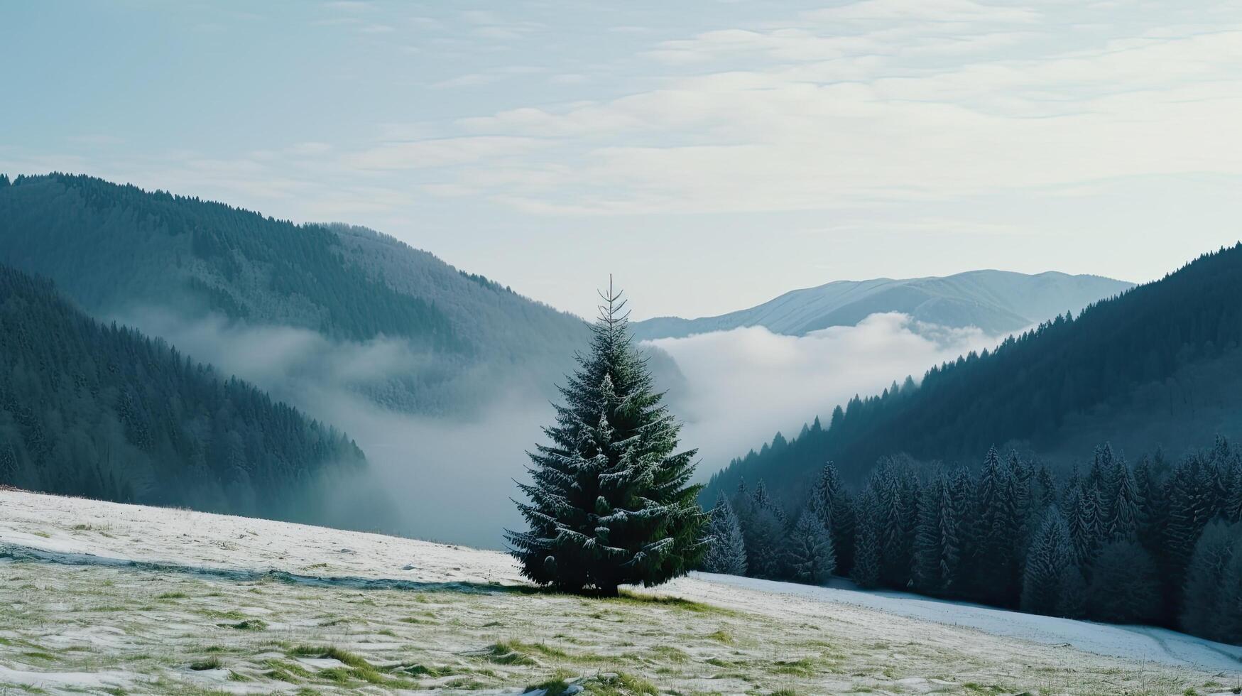 Kerstmis boom in berg achtergrond. illustratie ai generatief foto