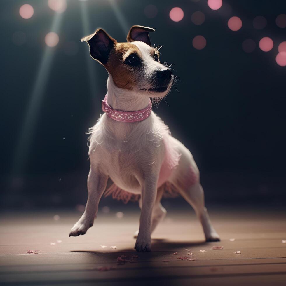 jack Russell hond in een licht roze ballet rok is dansen Leuk vinden een balletdanseres, illustratie ai generatief foto