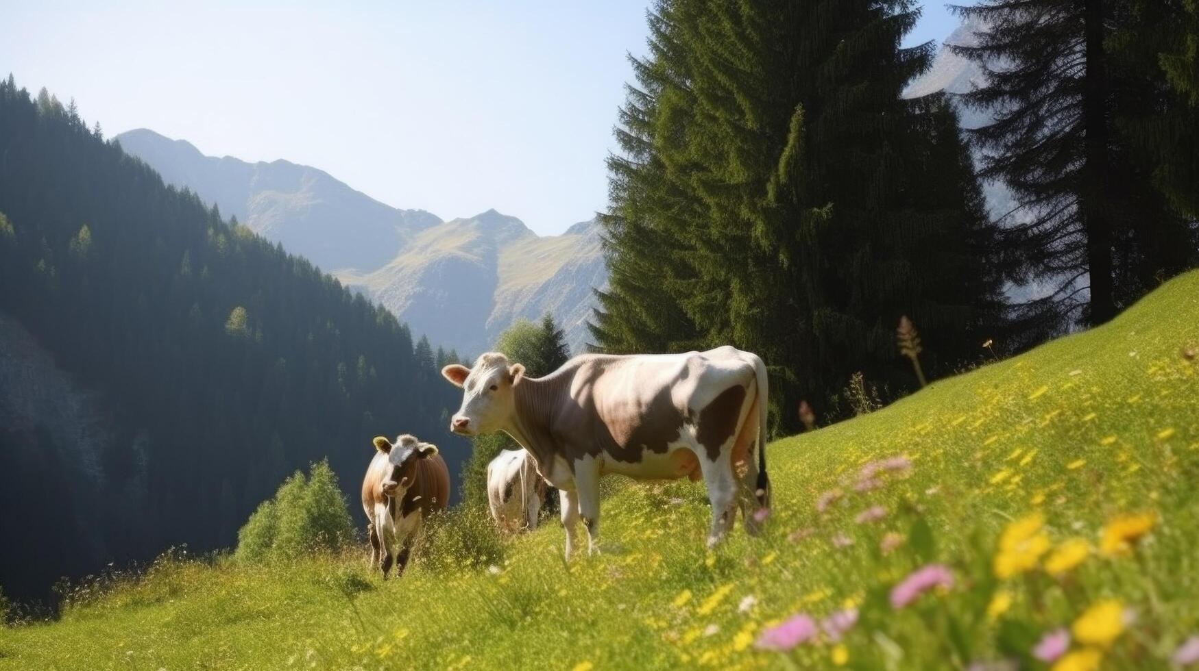 koeien in Alpen. illustratie ai generatief foto