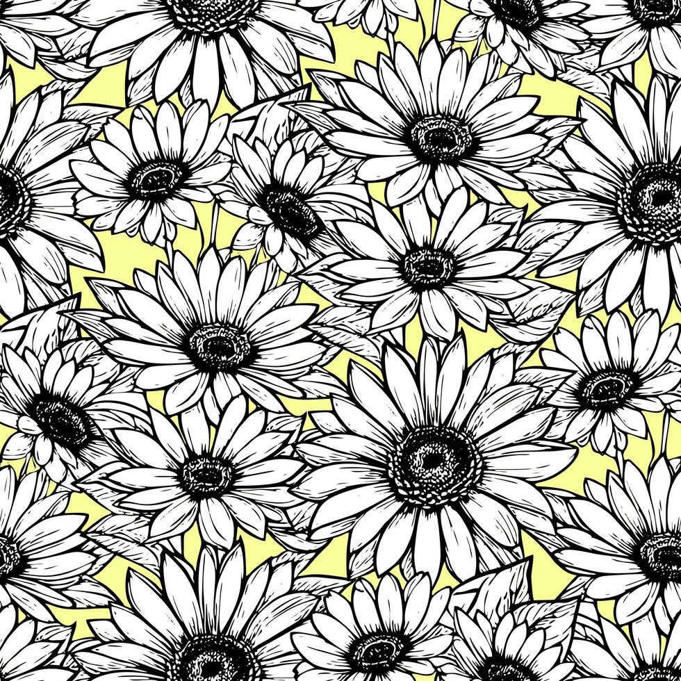 naadloos patroon van groot zwart en wit bloemen Aan een geel achtergrond, textuur, ontwerp foto