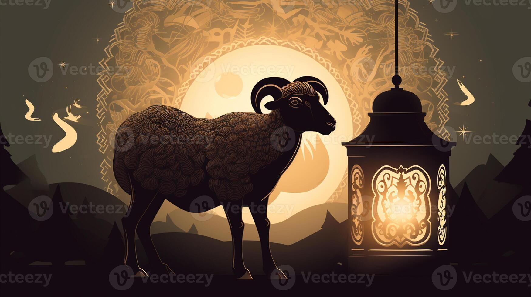 eid al adha achtergrond, schapen voorkant van moskee generatief ai foto