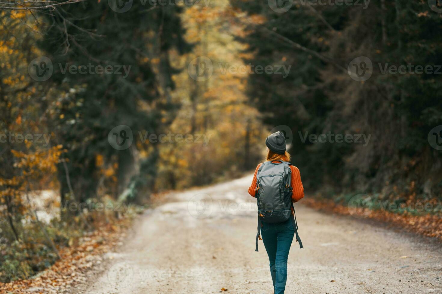 vrouw met rugzak Aan de weg in de Woud in herfst landschap hoog bomen model- foto