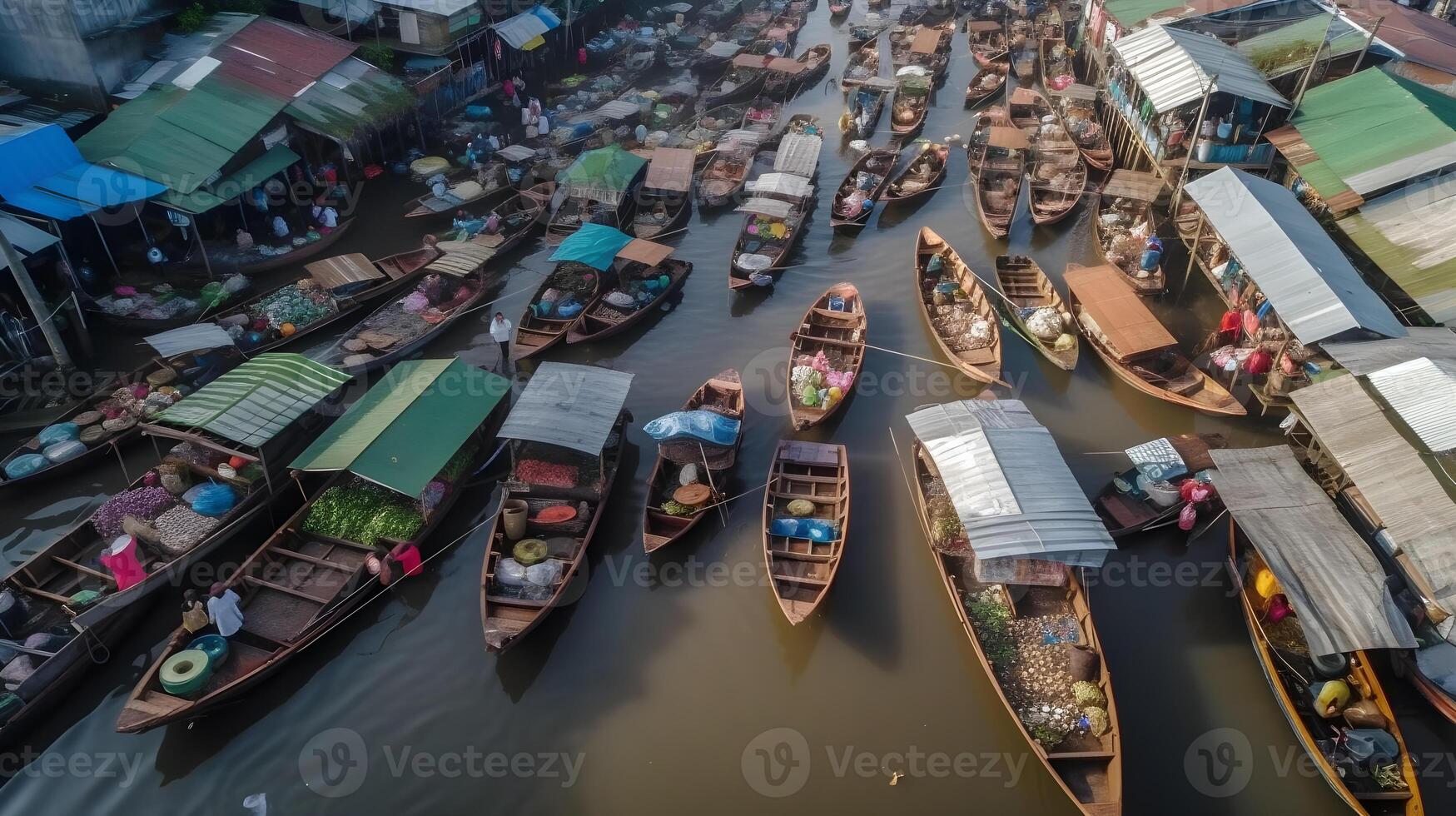 drijvend traditioneel markt, traditioneel drijvend boot markt, visie van drone, generatief ai foto