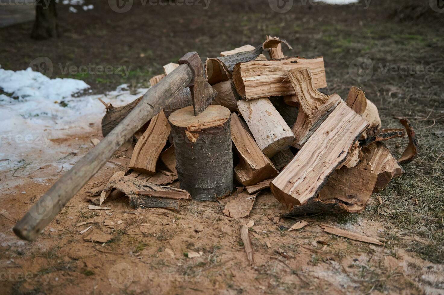 nog steeds leven met een hout branden bijl en brandhout voor de winter in rustiek stijl. snijdend hout in Woud voor maken brand foto