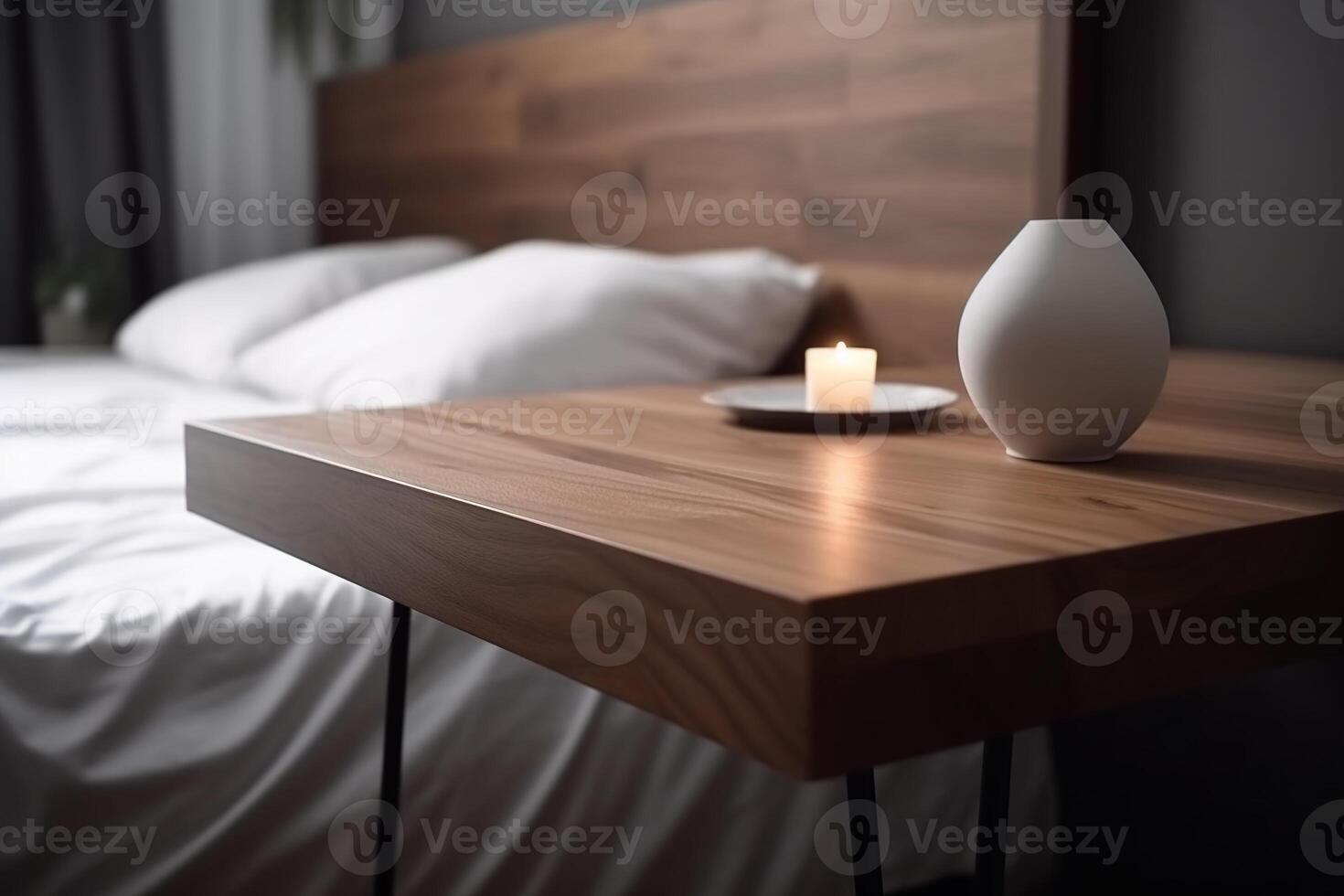 leeg houten tafel top en wazig slaapkamer interieur Aan de achtergrond. kopiëren ruimte voor uw object, Product, kunstmatig presentatie. Scherm, Promotie, reclame. generatief ai. foto