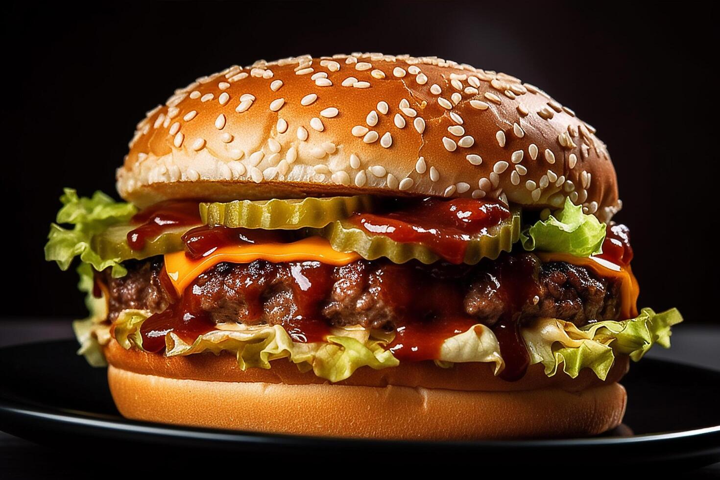 snel en heerlijk voedsel in het formulier van hartelijk hamburgers met groenten rundvlees en dik saus, ai generatief foto