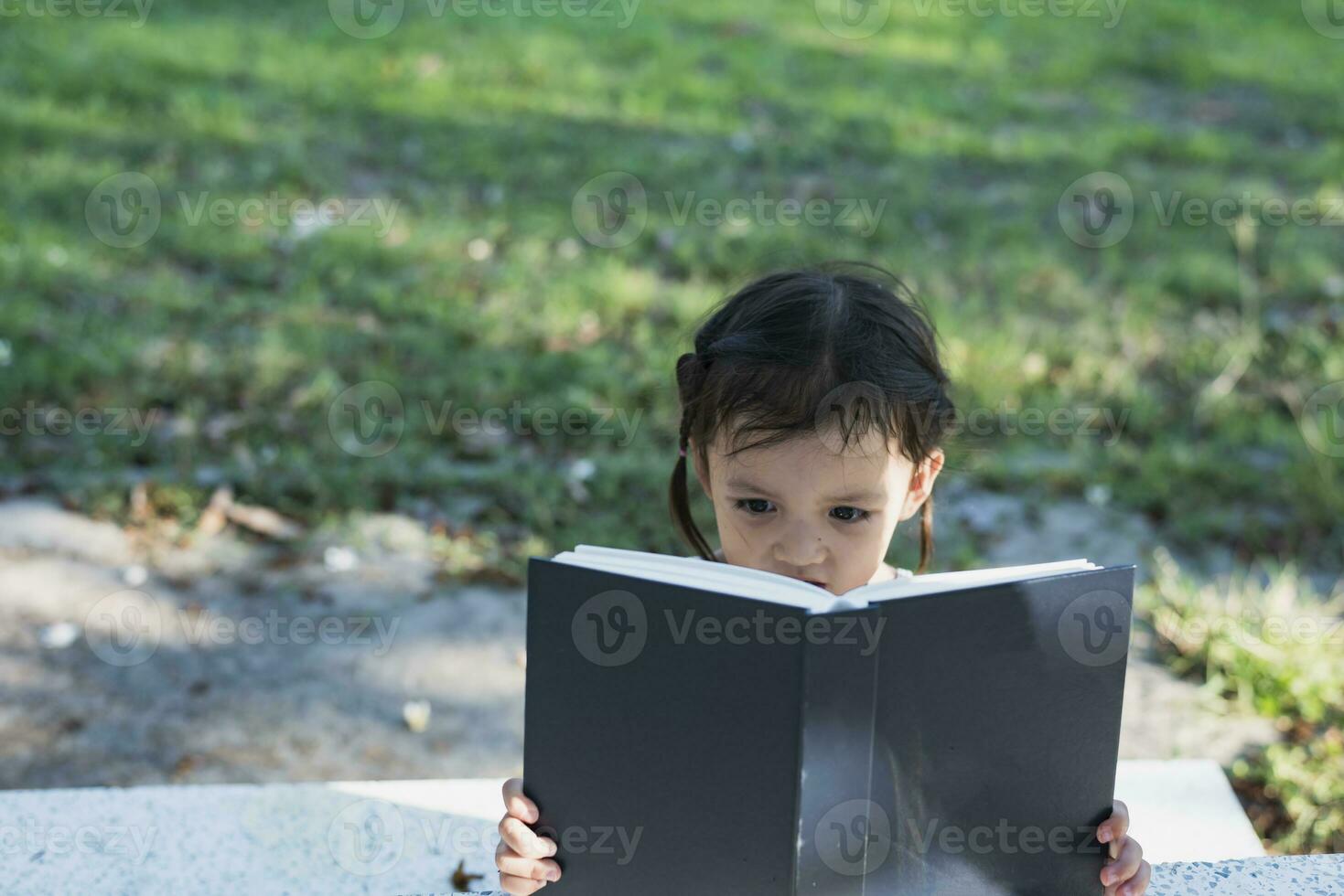 Aziatisch meisje zittend Aan een bank en lezing een boek in de park. foto