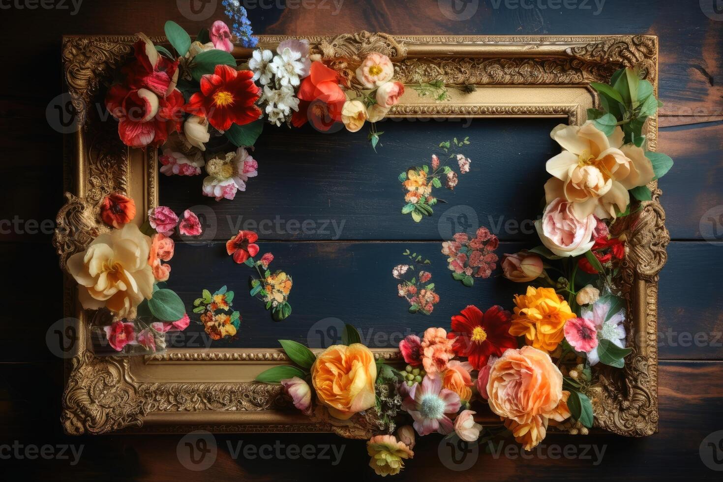 een zeer versierd houten kader met klein bloemen gemaakt met generatief ai technologie. foto