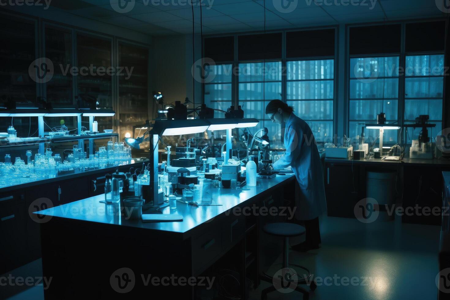 een medisch laboratorium met een persoon Bij werk gemaakt met generatief ai technologie. foto