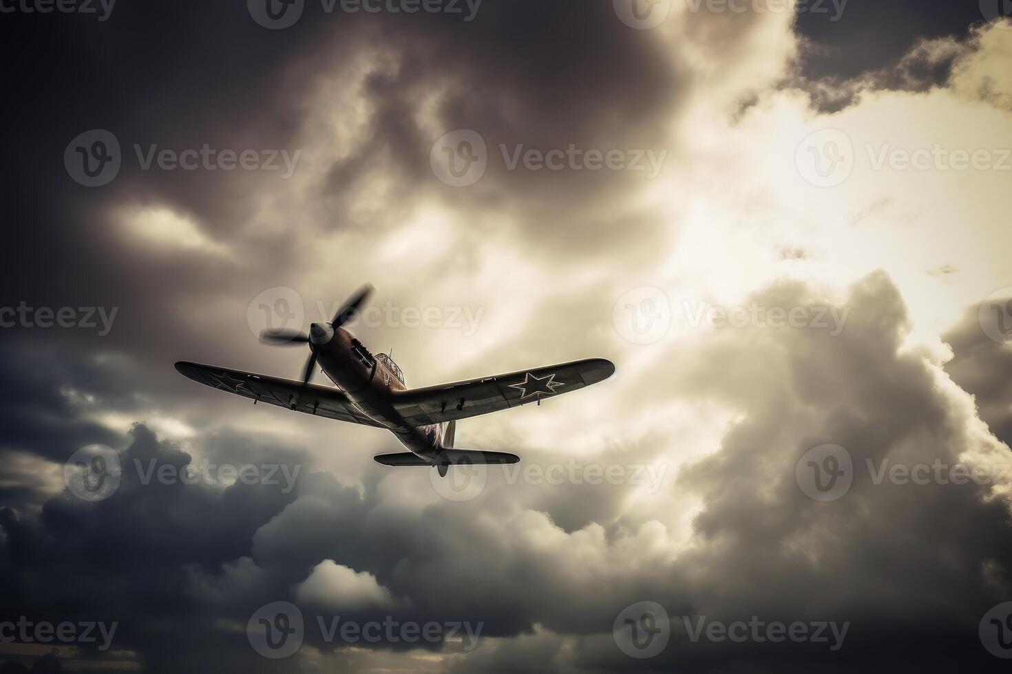 een tweede wereld oorlog vechten vlak in een dramatisch lucht gemaakt met generatief ai technologie. foto