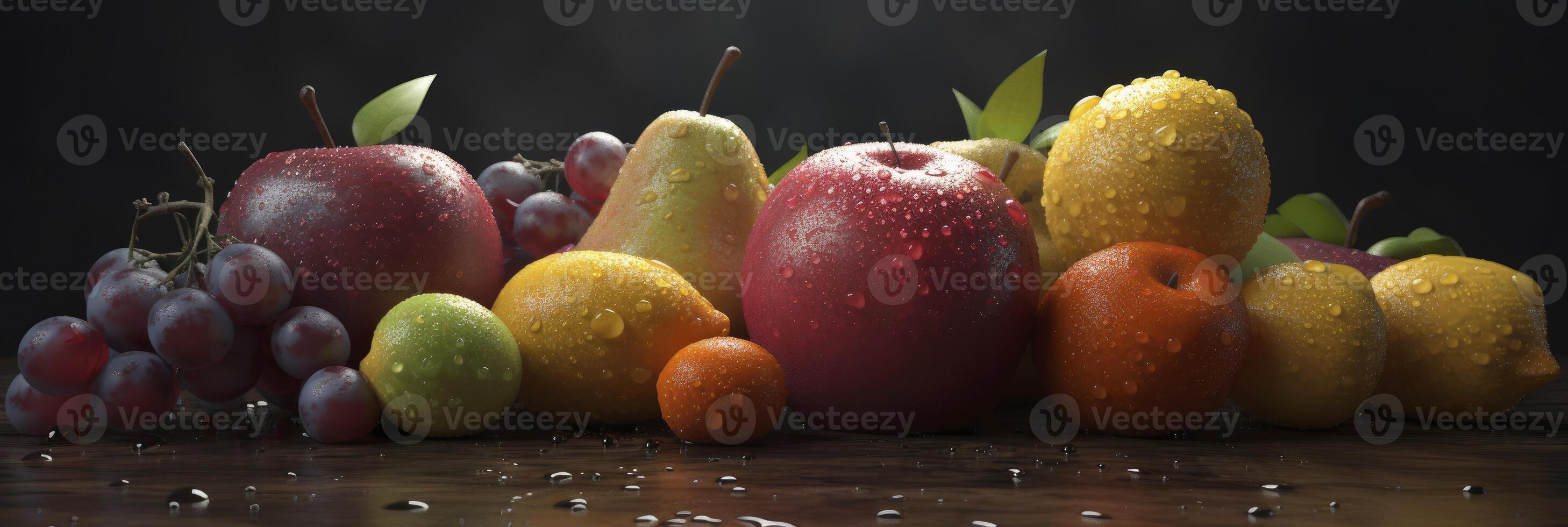 een groep van fruit en groenten met druppels van water. generatief ai foto