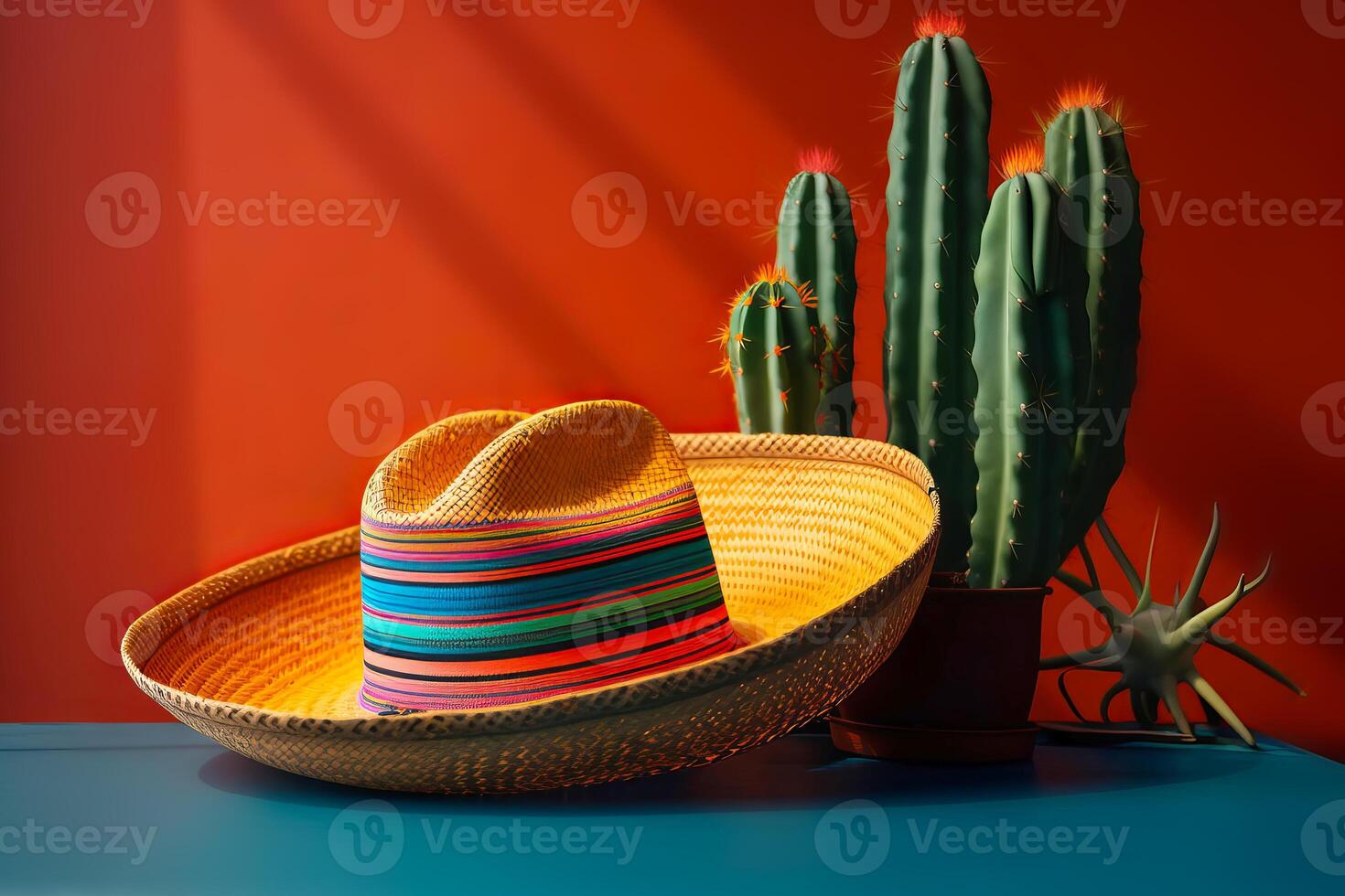 cinco de mayo vakantie achtergrond. Mexicaans cactus en partij sombrero hoed Aan rood oranje achtergrond. generatief ai illustratie foto