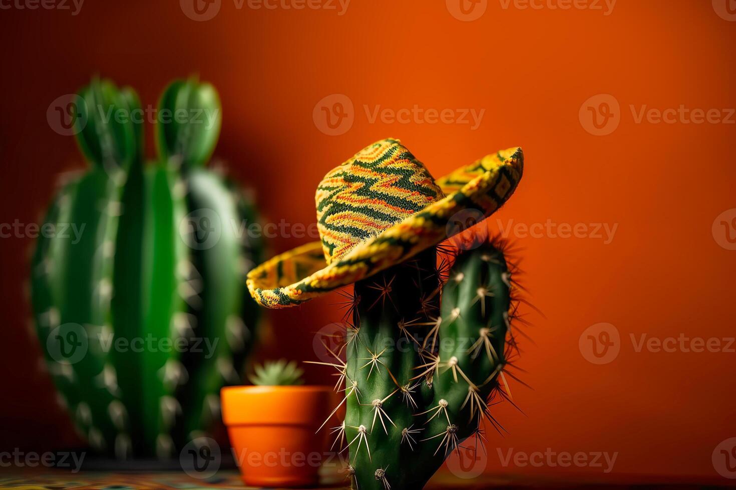 cinco de mayo vakantie achtergrond. Mexicaans cactus in partij sombrero hoed Aan rood oranje achtergrond. generatief ai illustratie foto