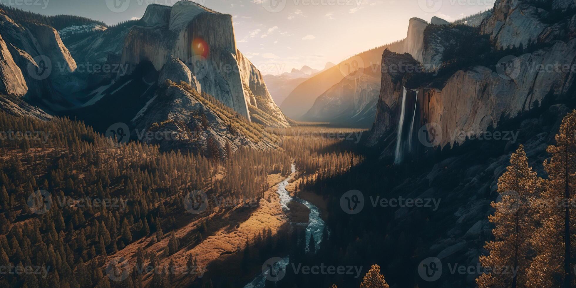 ai gegenereerd. ai generatief. foto realistisch illustratie van Verenigde Staten van Amerika Amerikaans yosemite nationaal park in de avond ochtend. avontuur onderzoeken uitstraling. grafisch kunst