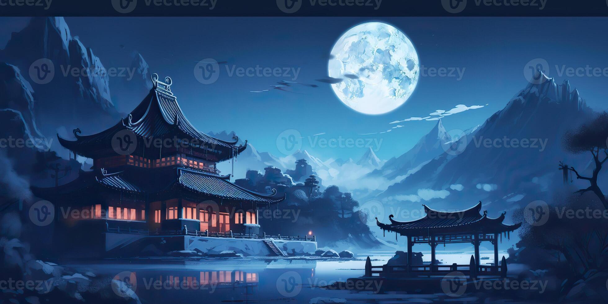 ai gegenereerd. Aziatisch Chinese tekenfilm stijl blauw kleuren pagode tempel toren landschap. ai generatief. grafisch kunst foto