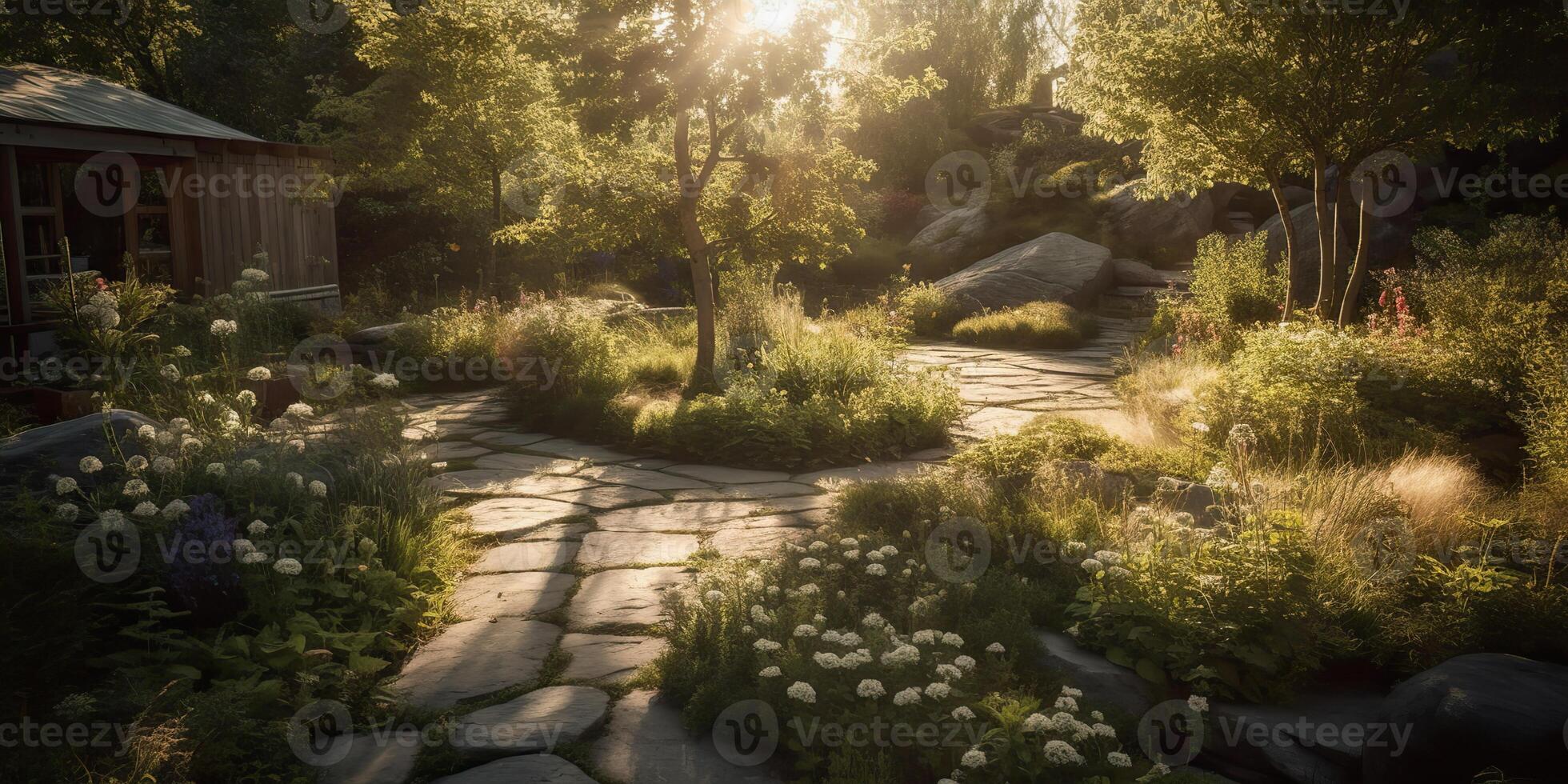 ai gegenereerd. ai generatief. foto realistisch illustratie van Scandinavisch vrede kalmte meditatie tuin buiten stad huis. kom tot rust uitstraling. grafisch kunst