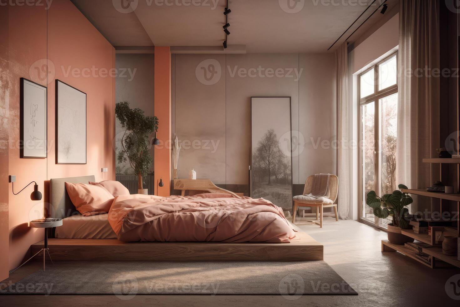 modern stijl slaapkamer zacht cement blozen met koraal roze . ai gegenereerd foto