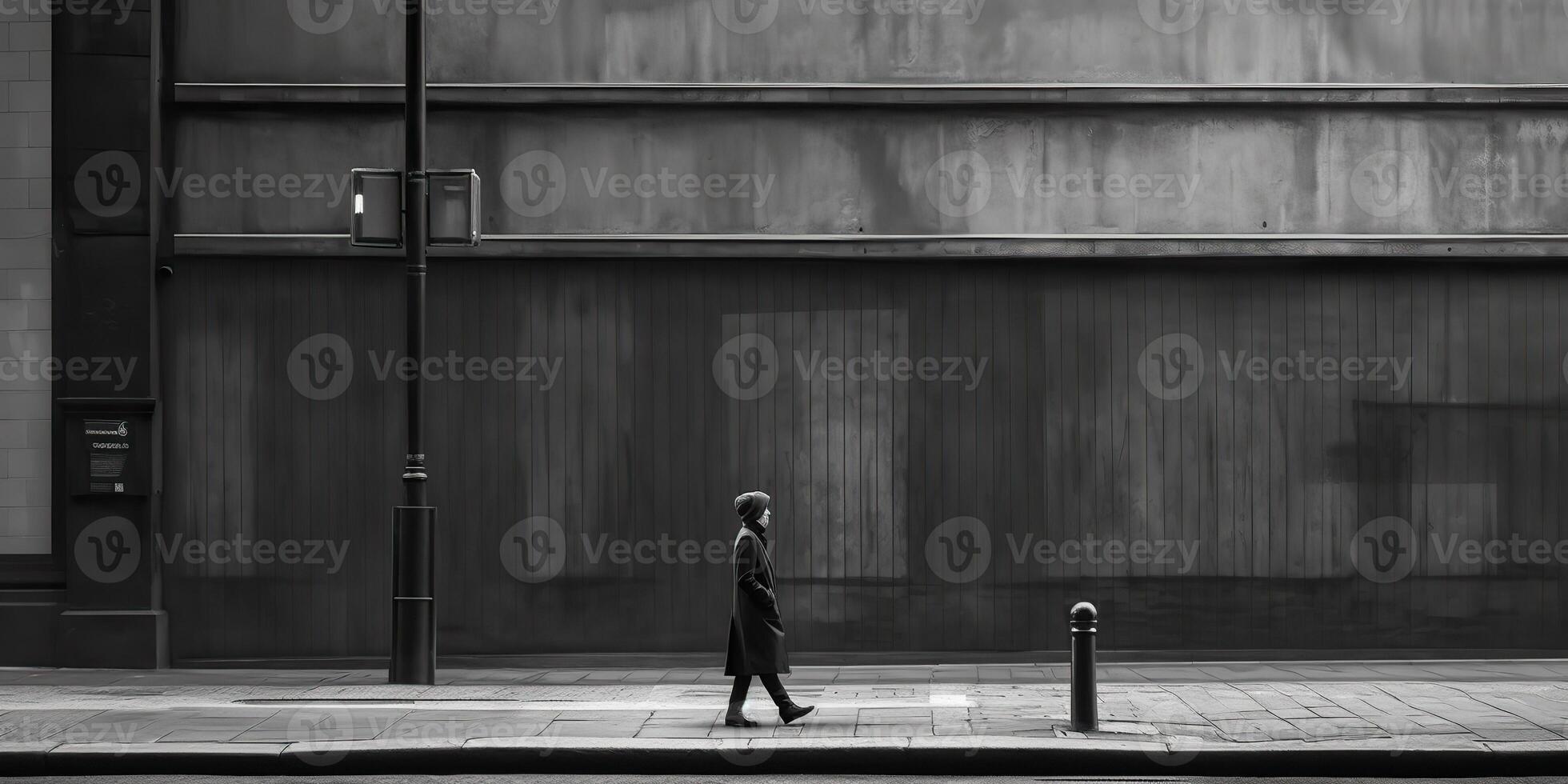 ai gegenereerd. ai generatief. monochroom zwart en wit stad stedelijk foto realistisch illustratie met eenzaam persoon. noir drama eenzaam uitstraling. grafisch kunst