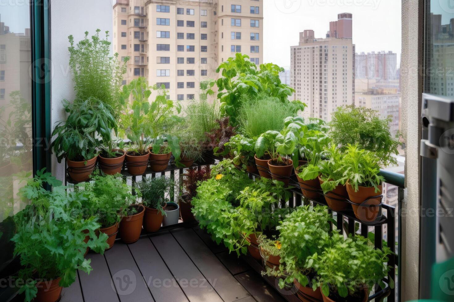 een tuin Aan een grootstedelijk appartement balkon met planten groeit omhoog de kanten. generatief ai foto