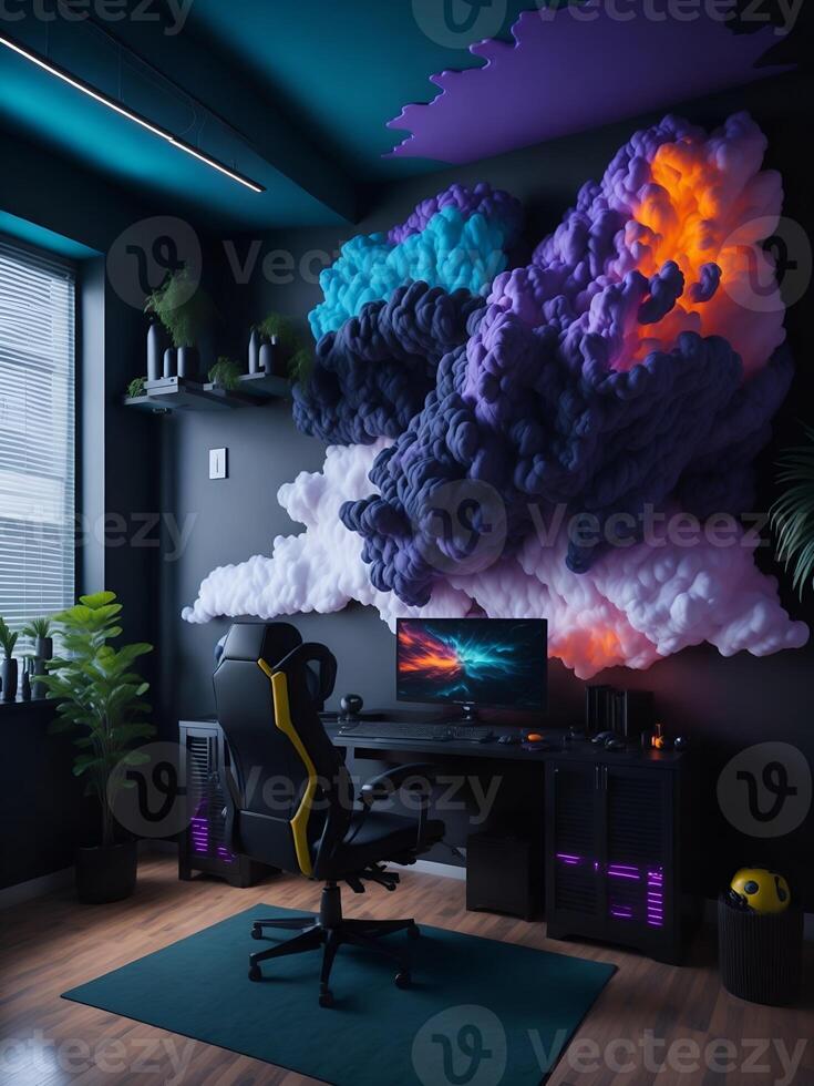 een gamer kamer opstelling met een kleurrijk wolk ornament Aan de muur ai gegenereerd foto