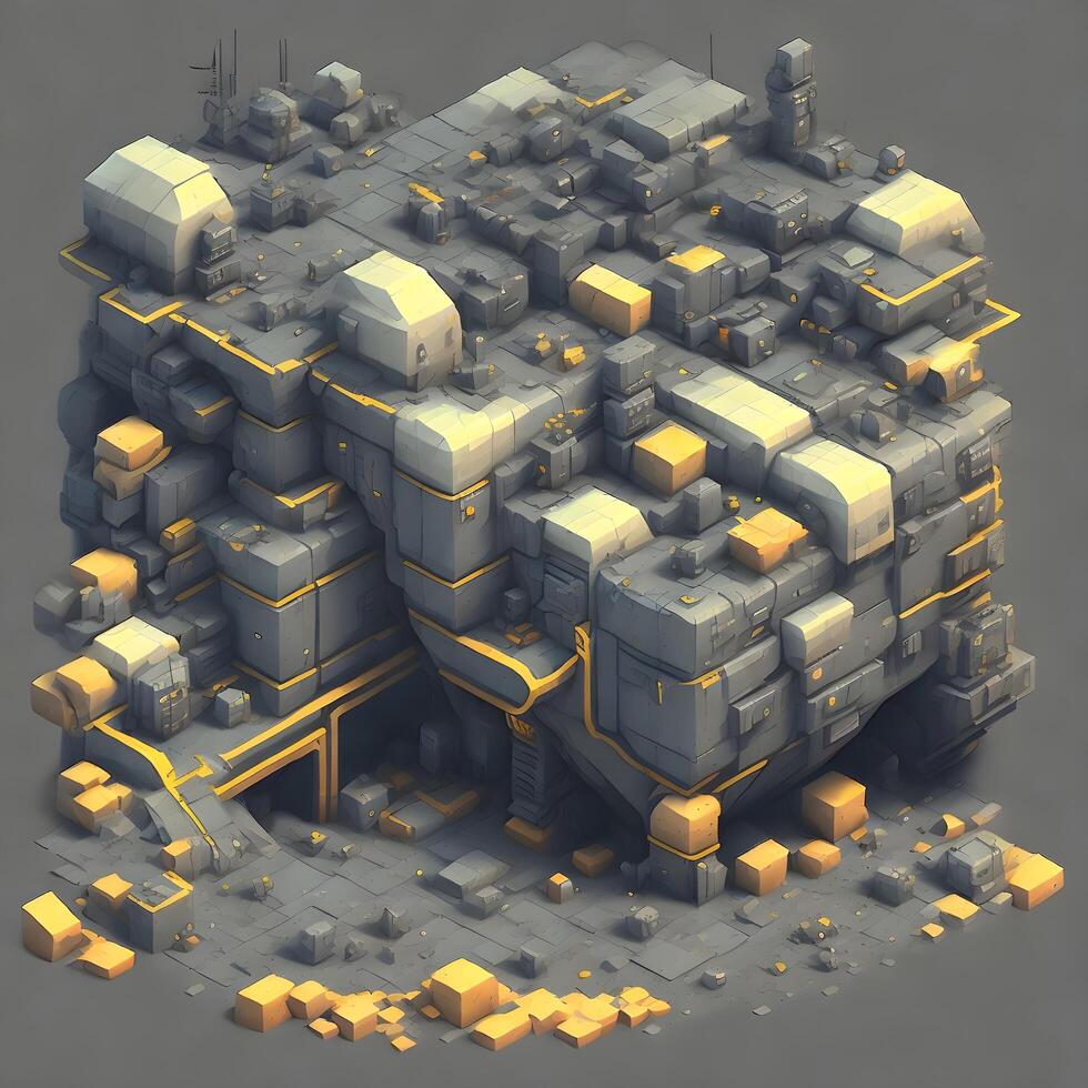 3d isometrische van een gebouw gemaakt van geel en grijs blokken. ai gegenereerd foto