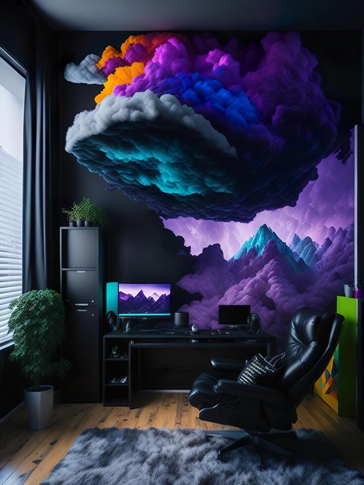 een gamer kamer opstelling met een kleurrijk wolk ornament Aan de muur ai gegenereerd foto