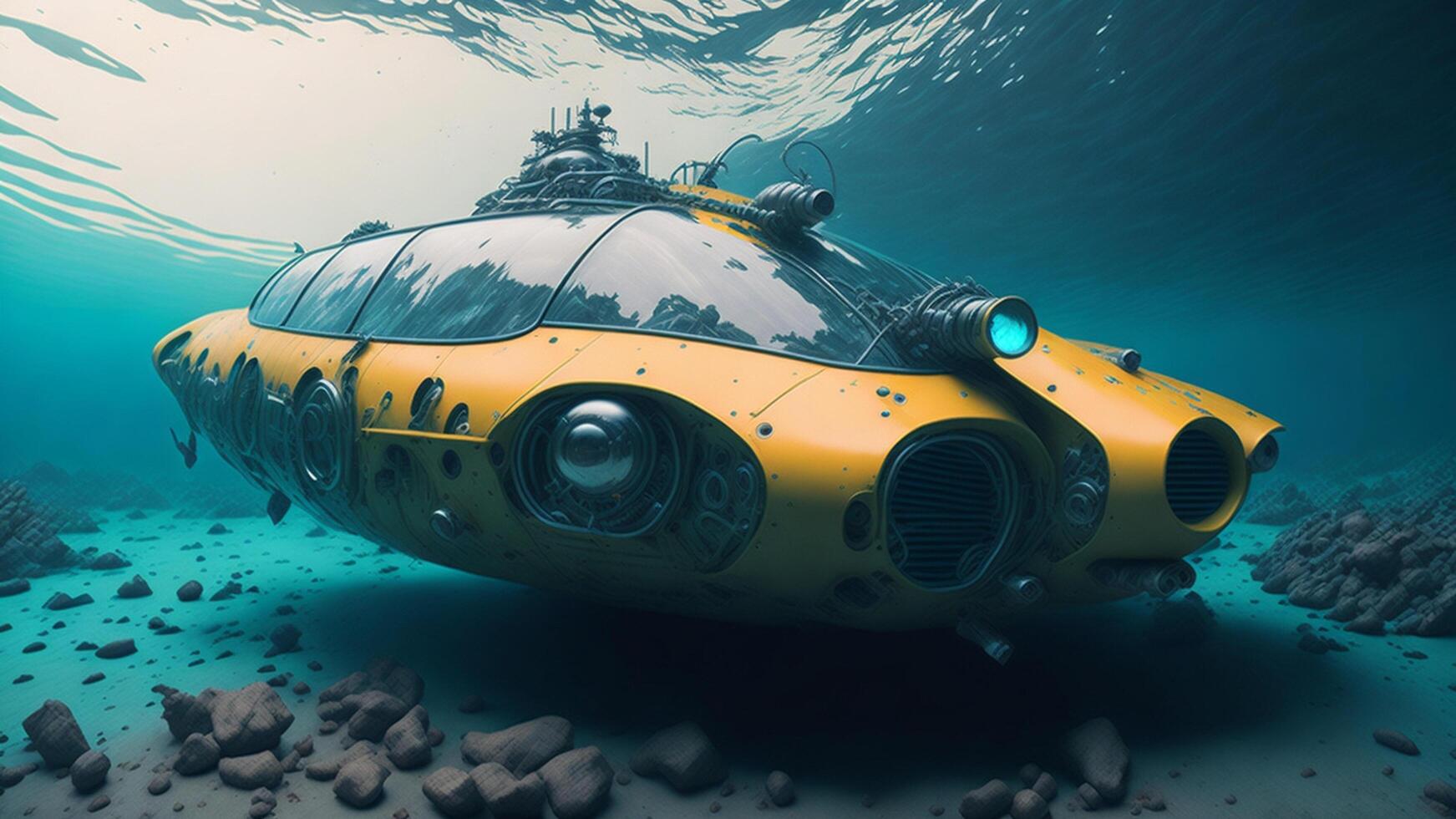 geel onderzeeër drijvend in diep blauw zee ai gegenereerd foto