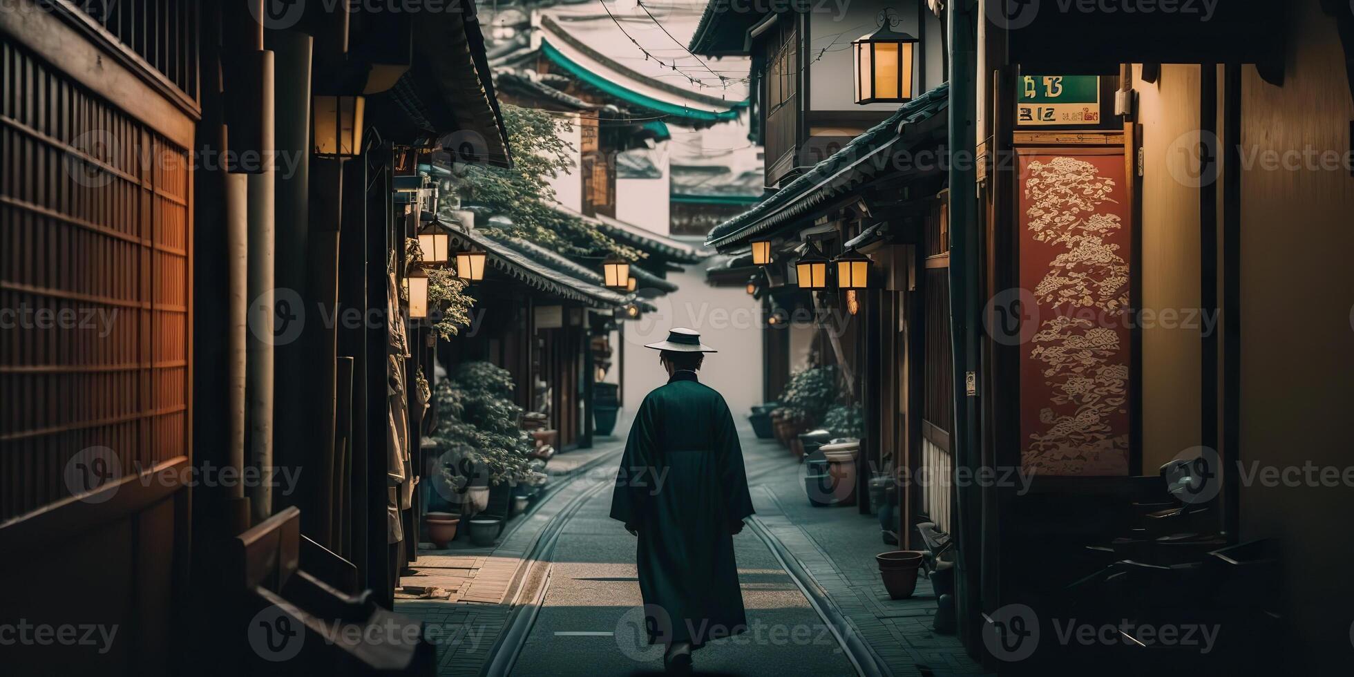 ai gegenereerd. ai generatief. foto realistisch fotografie illustratie van oude oud wijnoogst retro Japan Kyoto stad. avontuur Aziatisch exploratie uitstraling. grafisch kunst