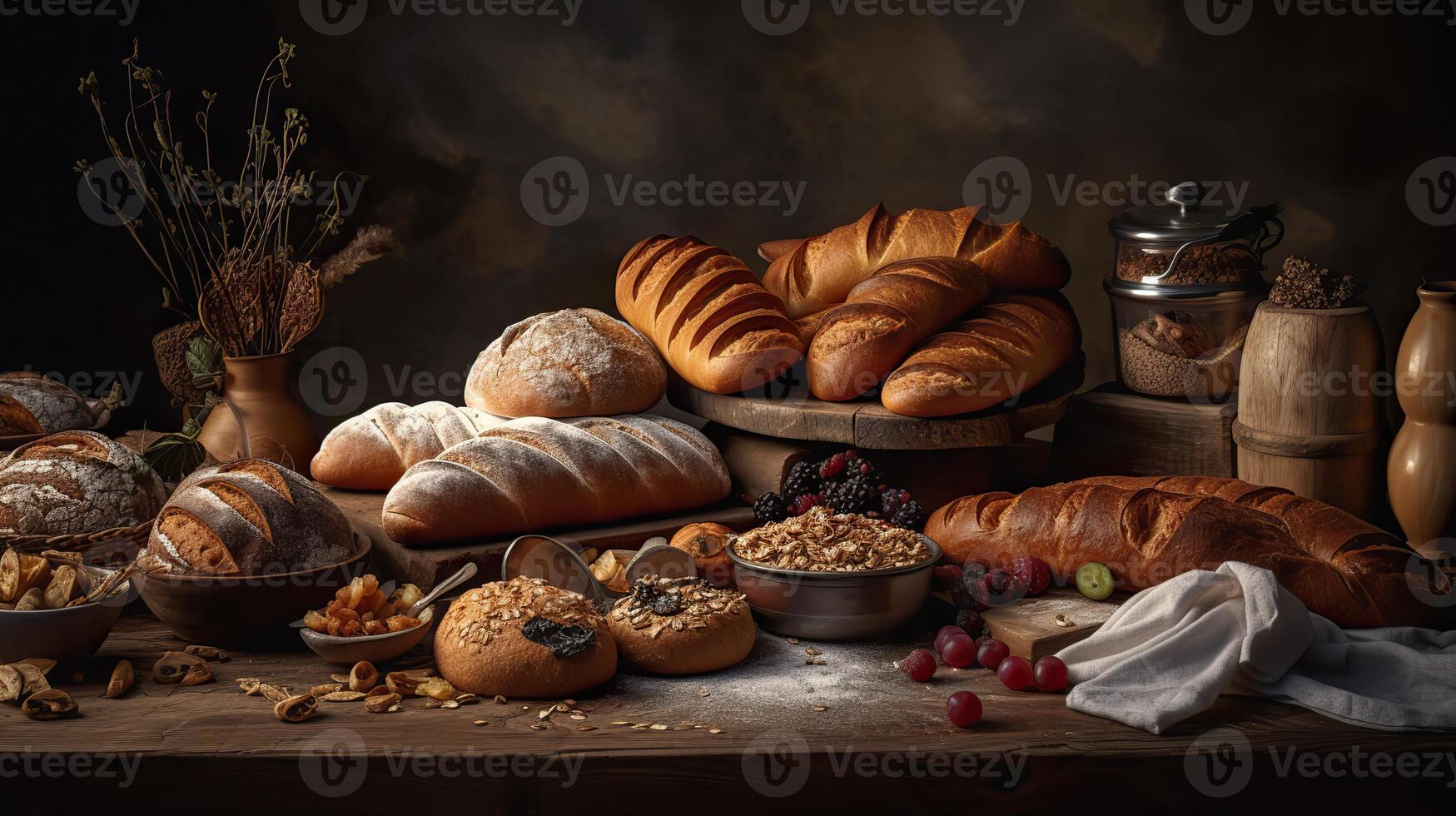 ai gegenereerd. ai generatief. een veel van verschillend vers gebakken brood producten en woestijnen. bakkerij warm uitstraling. grafisch kunst foto